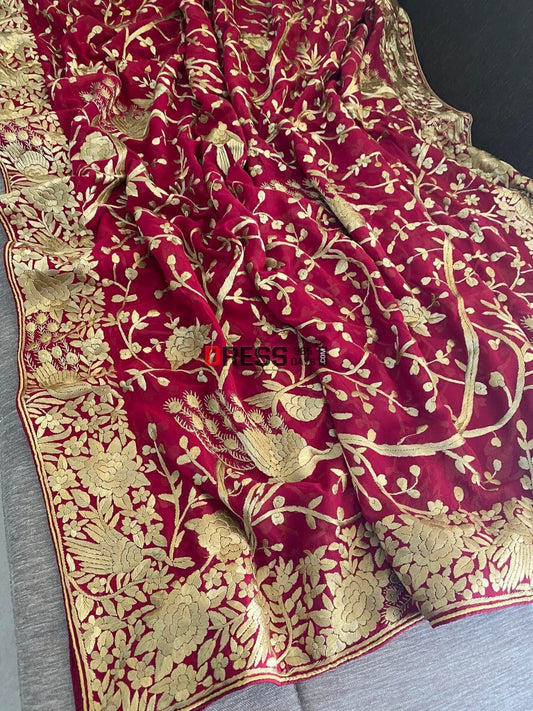 Gold & Maroon Parsi Gara Hand Crafted Dupatta