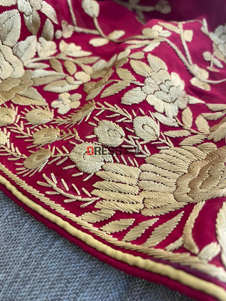 Gold & Maroon Parsi Gara Hand Crafted Dupatta