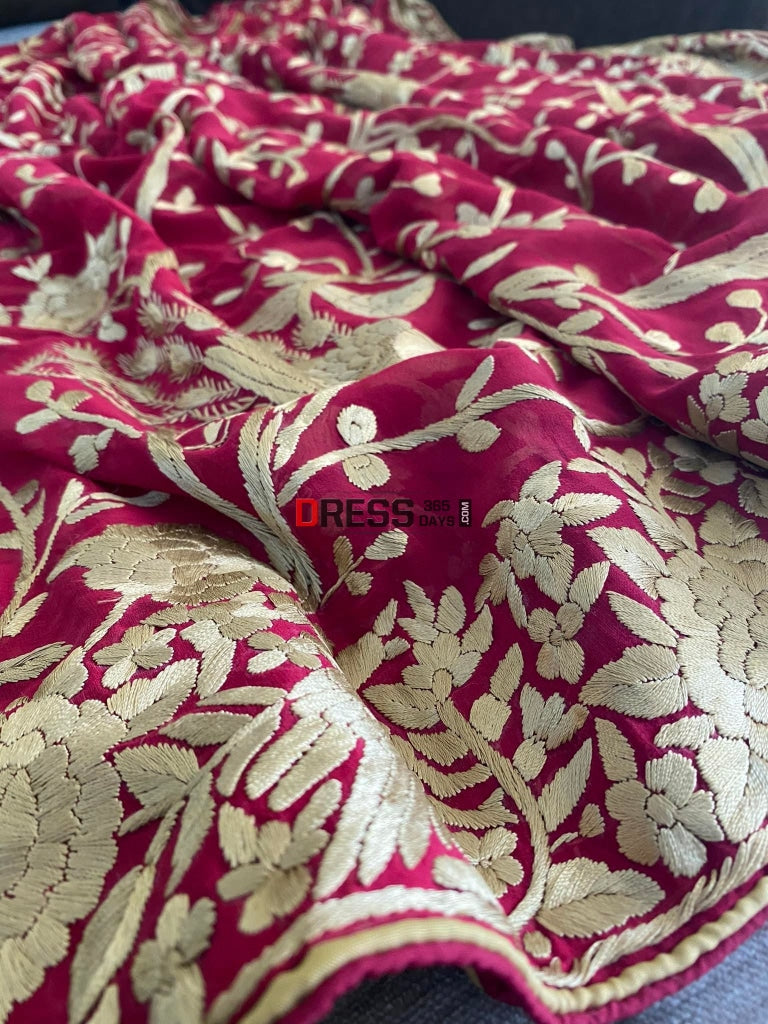Gold & Maroon Parsi Gara Hand Crafted Dupatta