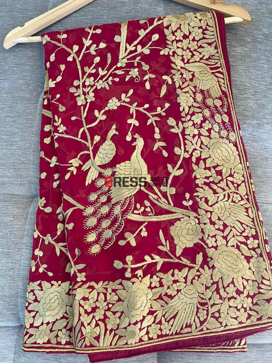 Gold & Maroon Parsi Gara Hand Crafted Dupatta