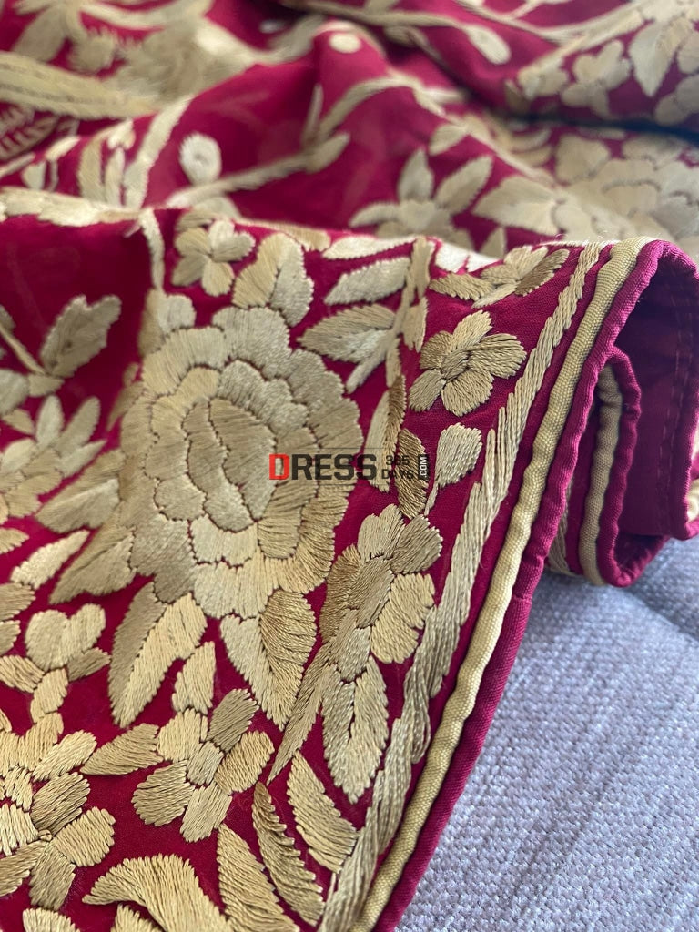 Gold & Maroon Parsi Gara Hand Crafted Dupatta