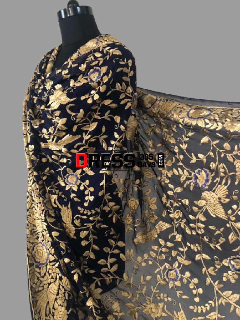 Gold Parsi Gara Hand Embroidered Dupatta (Ready To Ship)