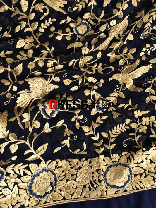 Gold Parsi Gara Hand Embroidered Dupatta (Ready To Ship)
