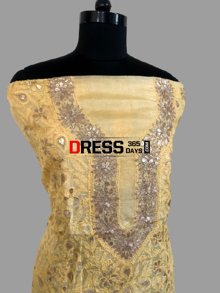 Golden Yellow Gota Patti Chikankari Kurti Fabric