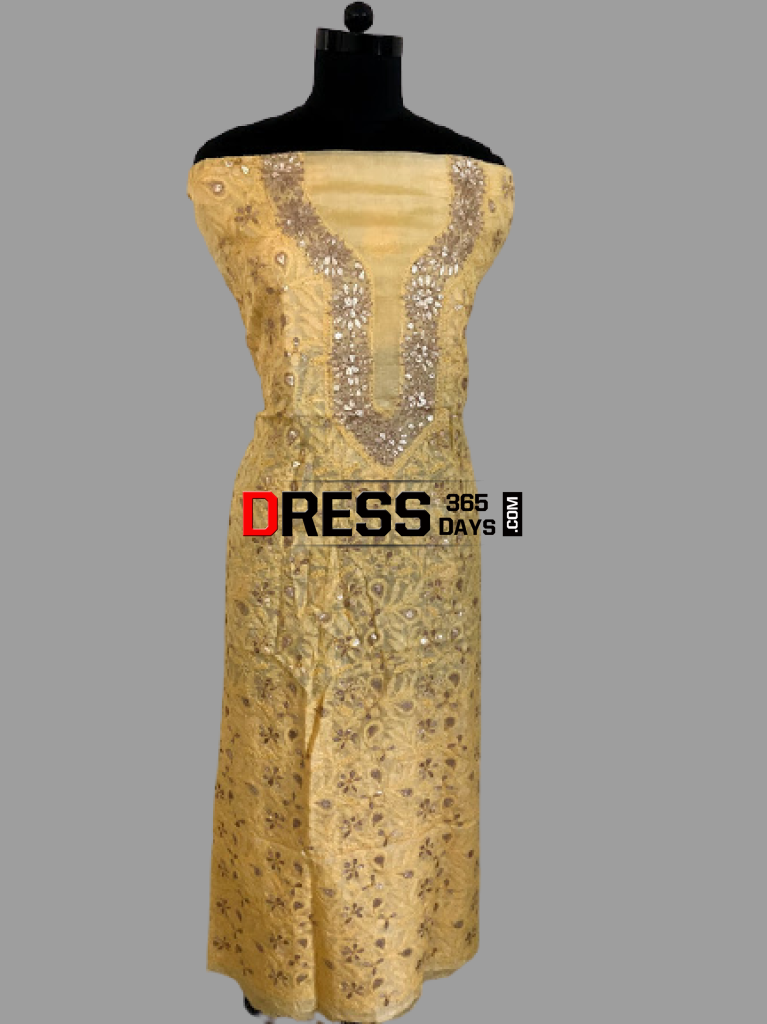 Golden Yellow Gota Patti Chikankari Kurti Fabric