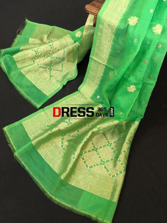 Green Chanderi Banarasi Aari Zari Mukaish Stole Dupatta Chikankari