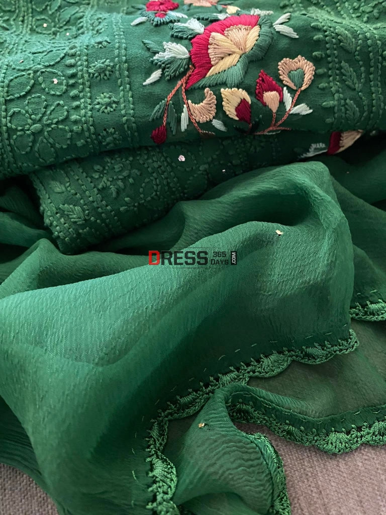 Green Chikankari Parsi Gara Daaman Suit Suits