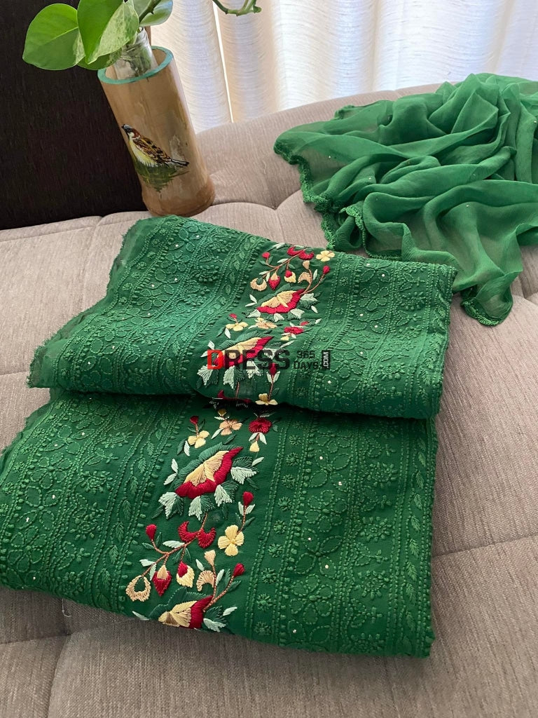Green Chikankari Parsi Gara Daaman Suit Suits