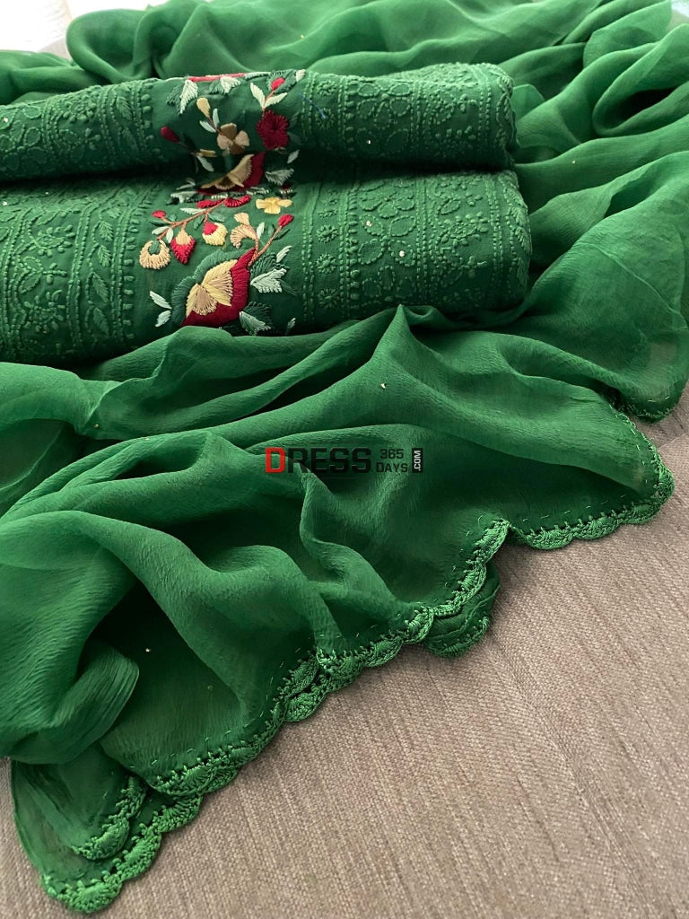 Green Chikankari Parsi Gara Daaman Suit Suits