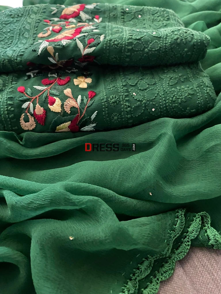 Green Chikankari Parsi Gara Daaman Suit Suits