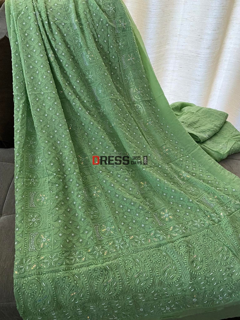 Green Chikankari Pearl Kurta Dupatta Set Suits