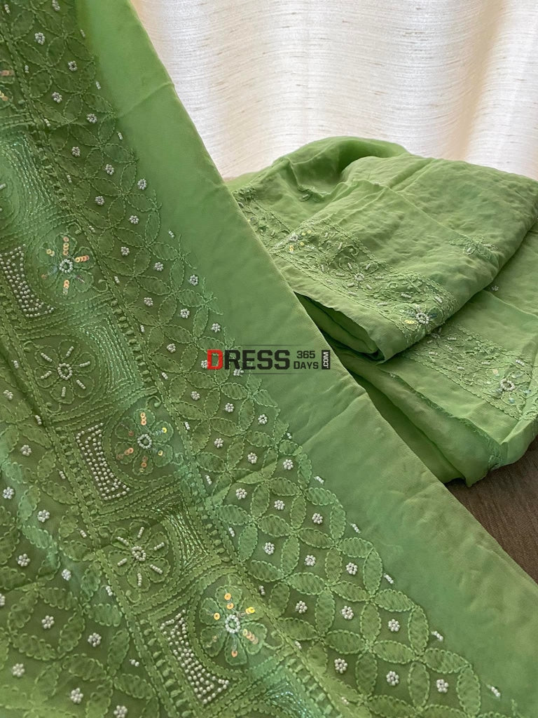 Green Chikankari Pearl Kurta Dupatta Set Suits