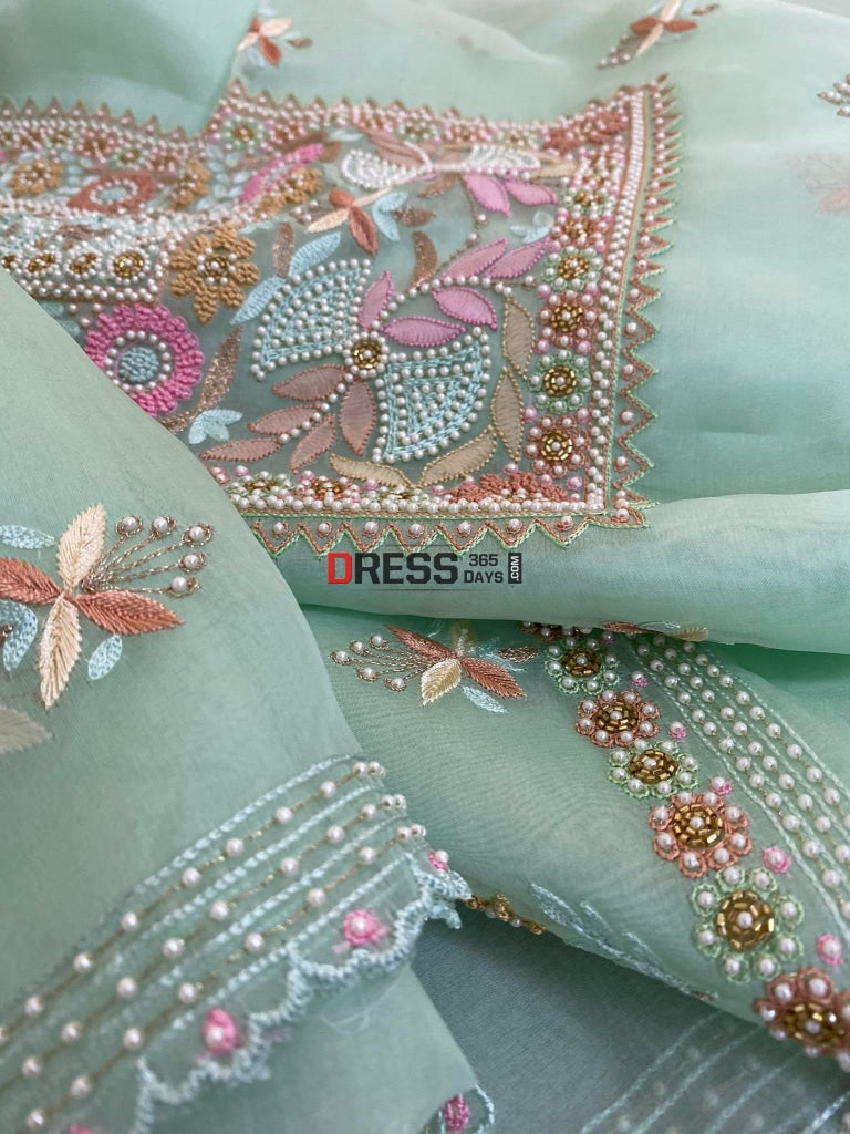 Green Exclusive Organza Pearls Chikankari Suit Suits