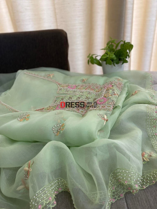 Green Exclusive Organza Pearls Chikankari Suit Suits