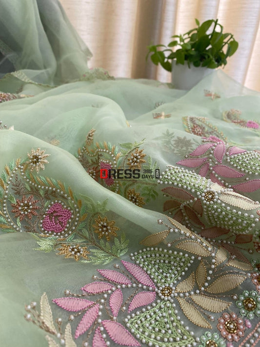 Green Exclusive Organza Pearls Chikankari Suit Suits