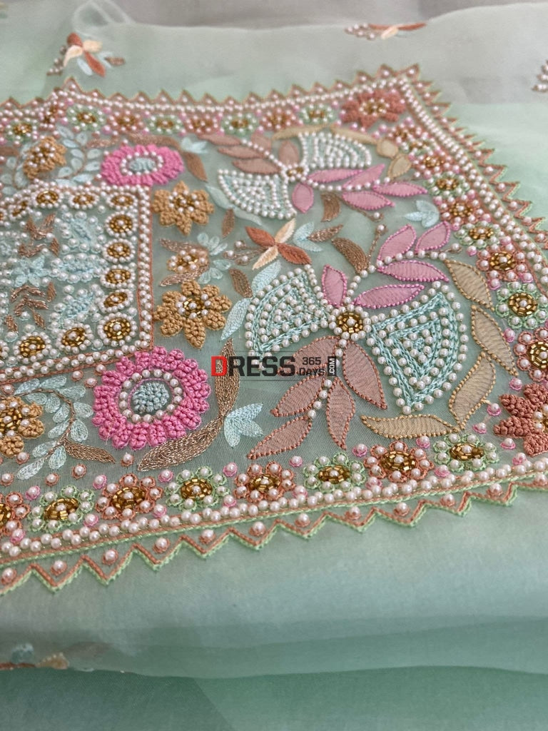 Green Exclusive Organza Pearls Chikankari Suit Suits