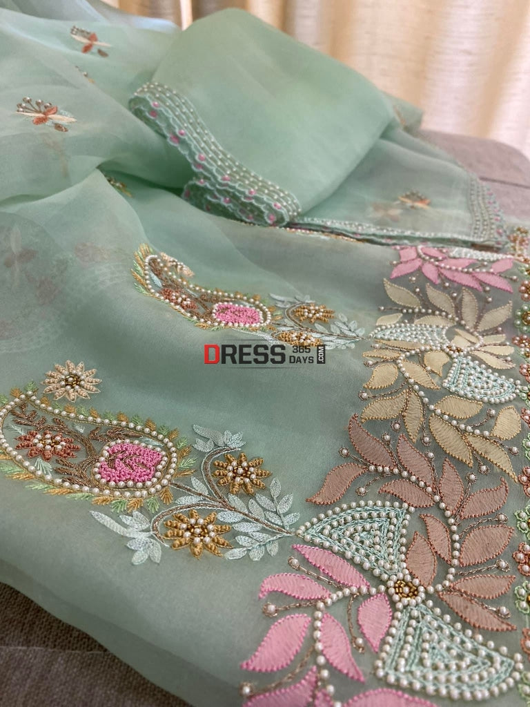 Green Exclusive Organza Pearls Chikankari Suit Suits