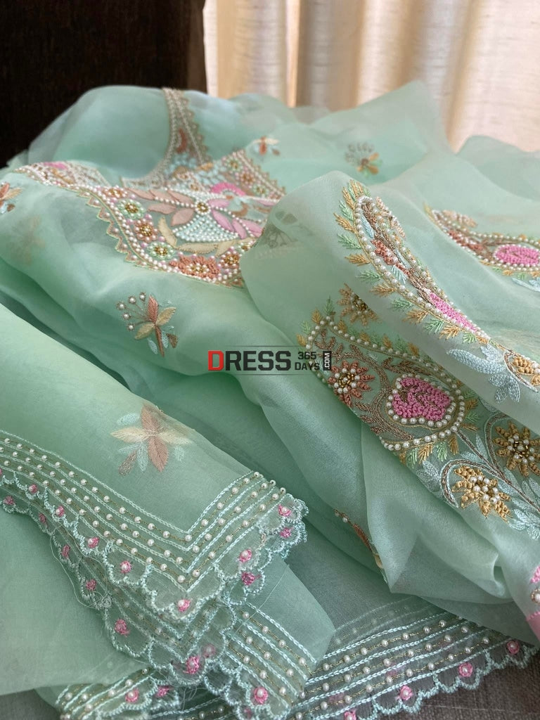 Green Exclusive Organza Pearls Chikankari Suit Suits