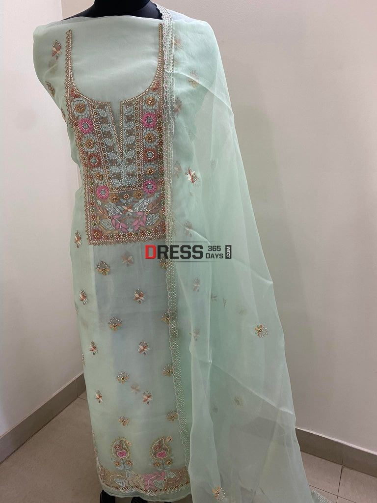 Green Exclusive Organza Pearls Chikankari Suit Suits