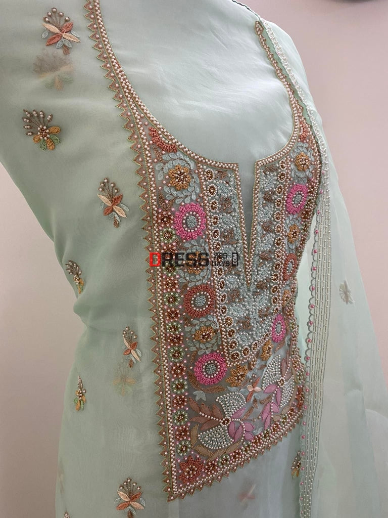 Green Exclusive Organza Pearls Chikankari Suit Suits