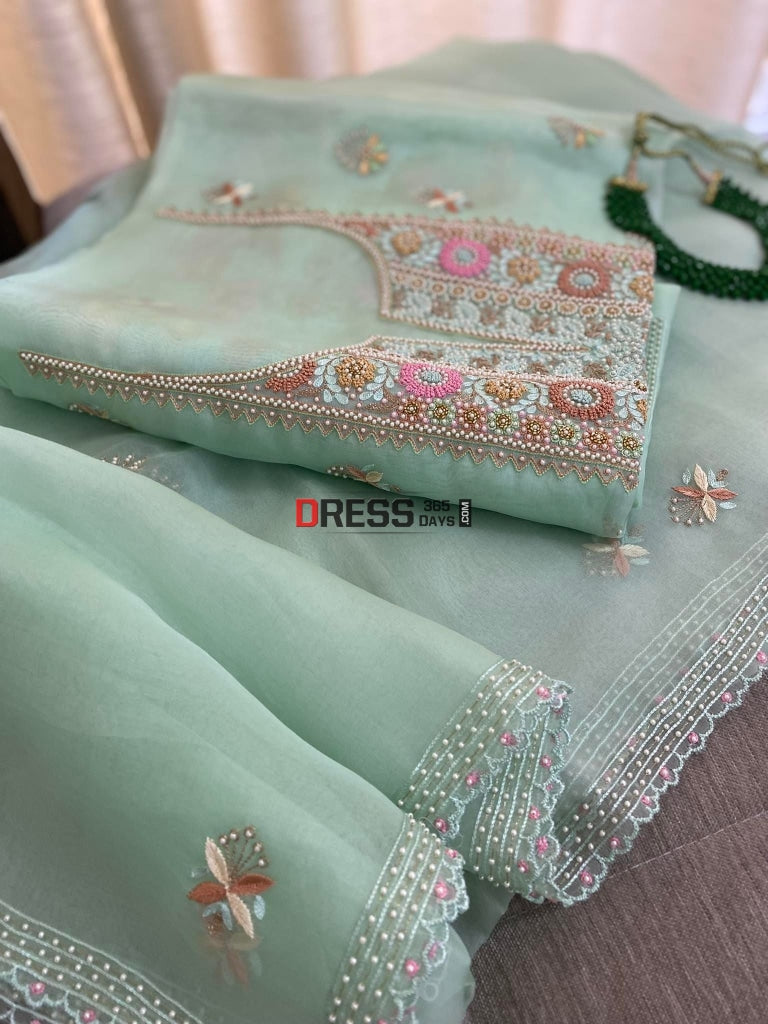 Green Exclusive Organza Pearls Chikankari Suit Suits