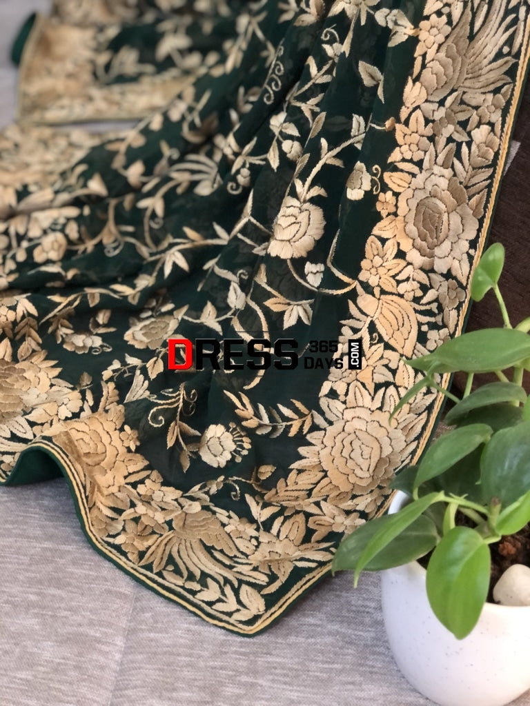 Green & Gold Parsi Gara Hand Embroidered Dupatta