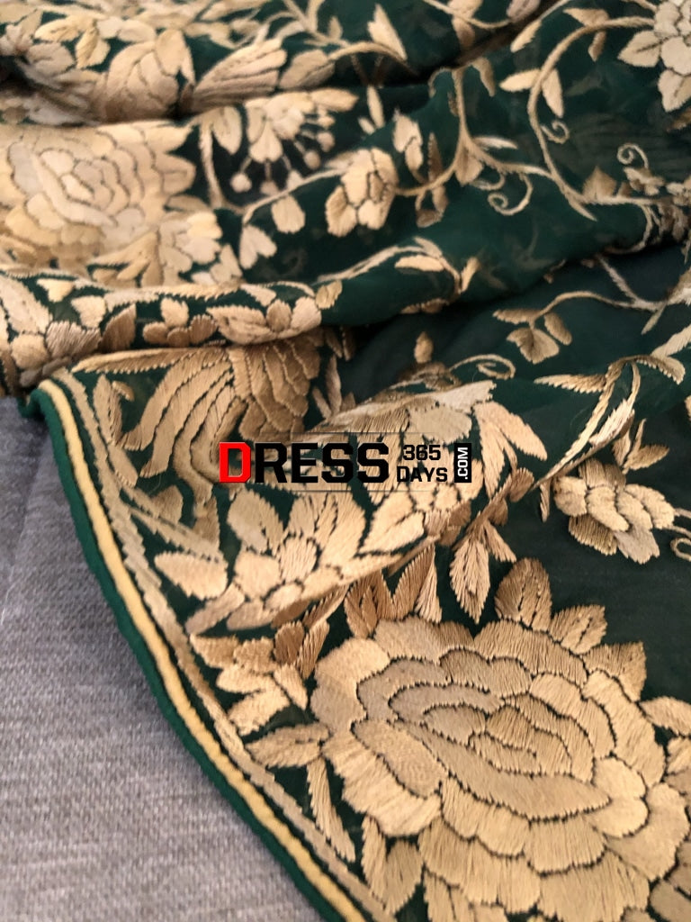 Green & Gold Parsi Gara Hand Embroidered Dupatta