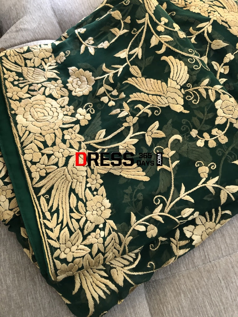 Green & Gold Parsi Gara Hand Embroidered Dupatta