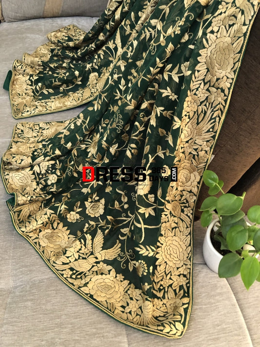 Green & Gold Parsi Gara Hand Embroidered Dupatta
