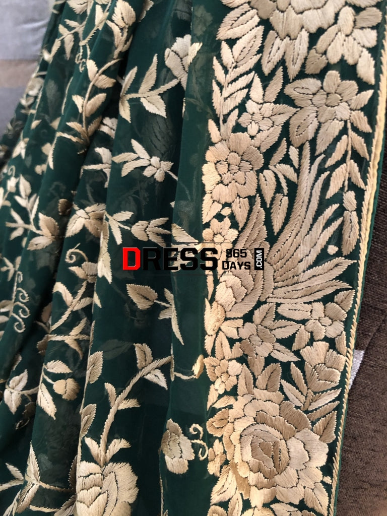 Green & Gold Parsi Gara Hand Embroidered Dupatta