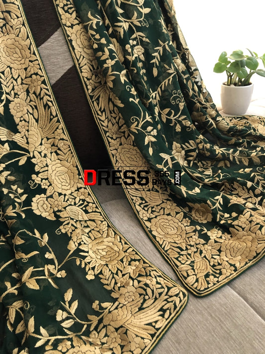 Green & Gold Parsi Gara Hand Embroidered Dupatta