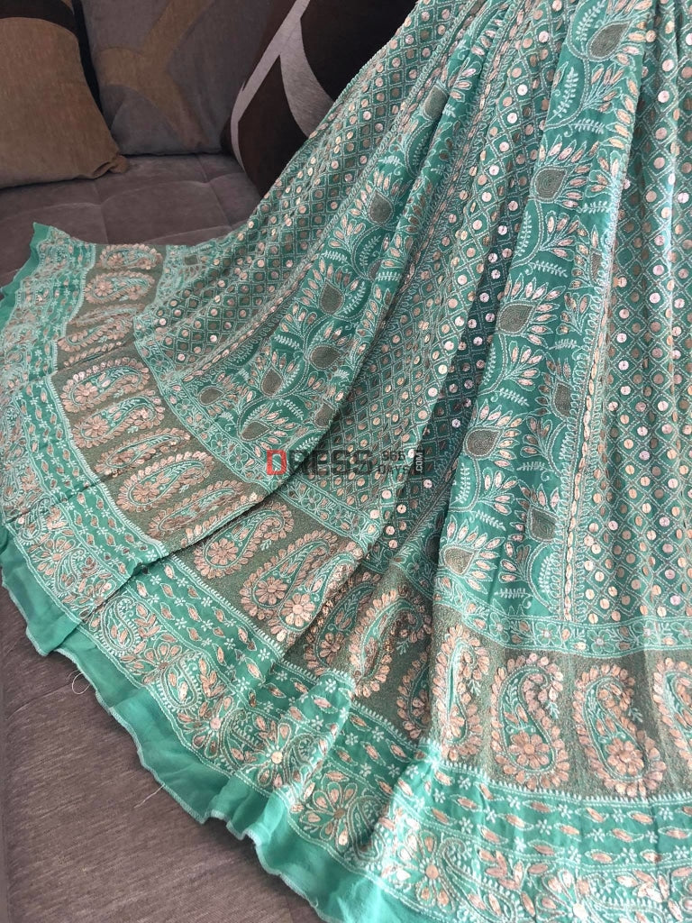Green Gota Patti Chikanakri Lehenga Skirt (Only Skirt) Chikankari