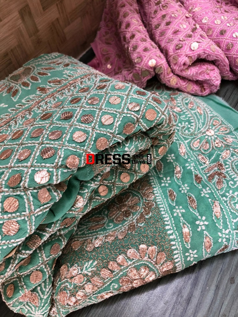 Green Lucknowi Chikankari Gota Patti Lehenga With Hot Pink Dupatta