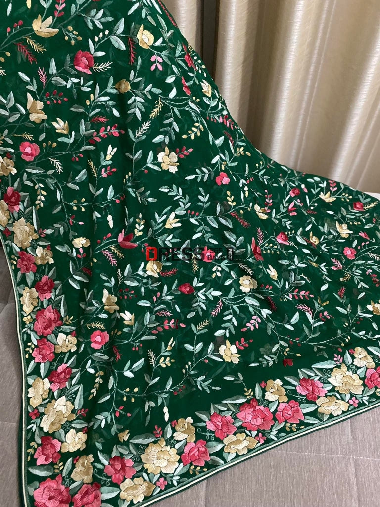 Green & Multicolour Parsi Gara Dupatta