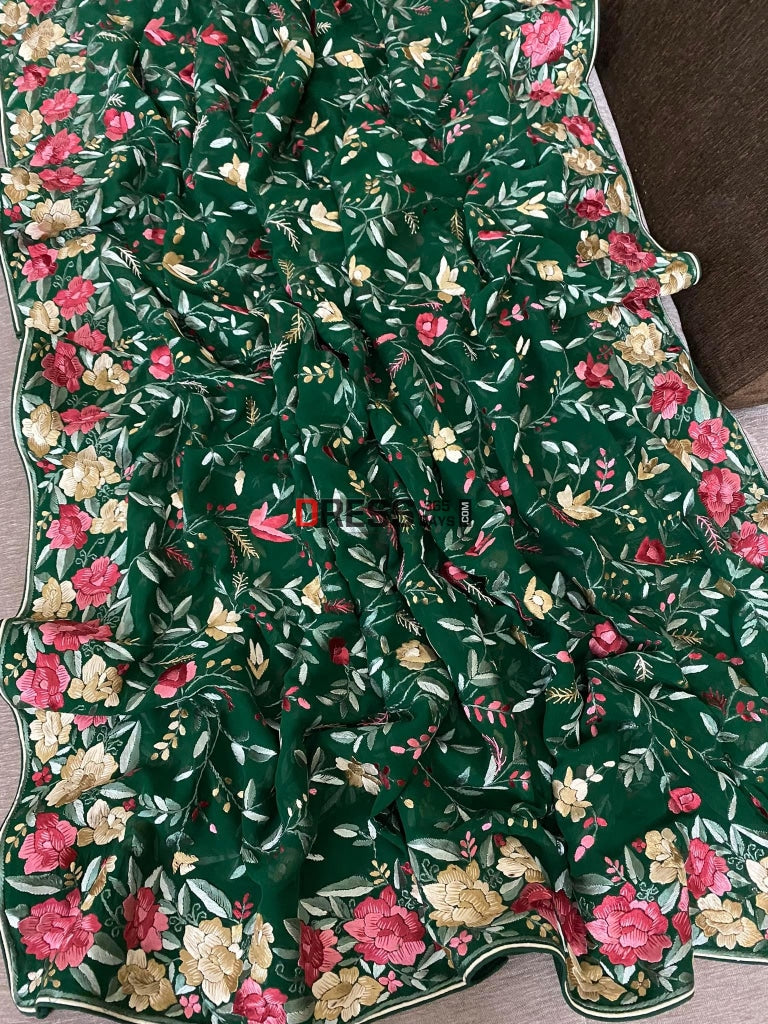 Green & Multicolour Parsi Gara Dupatta