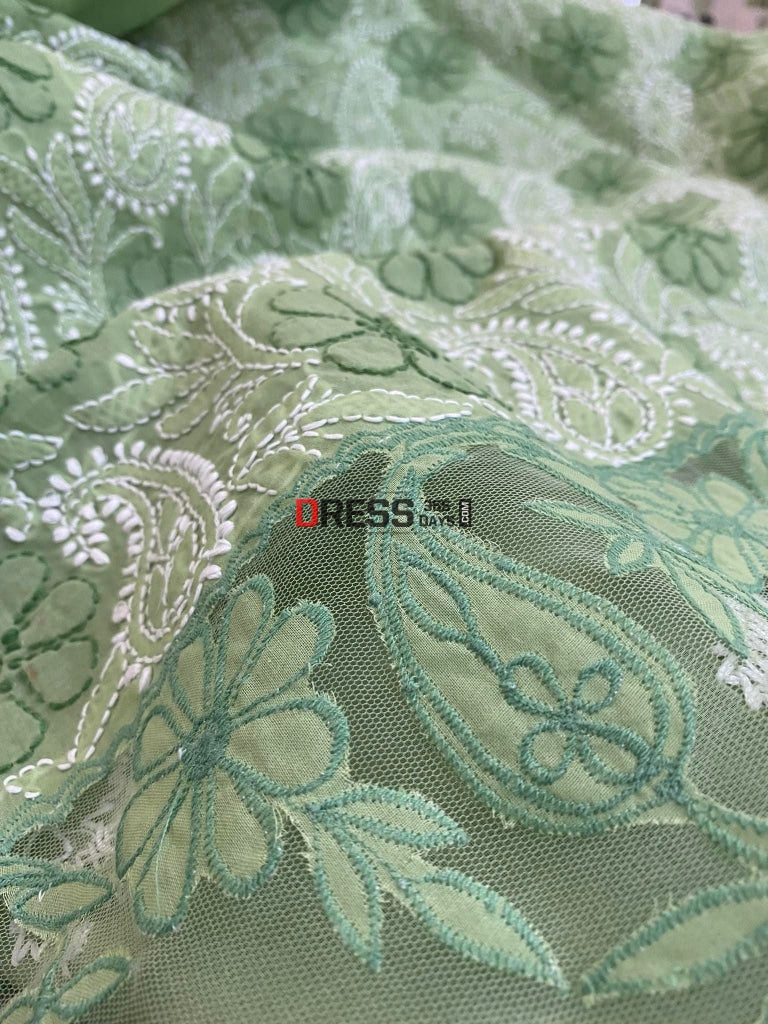 Green Net Daaman Cotton Chikankari Kurti Fabric