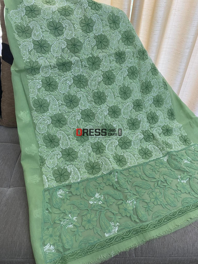 Green Net Daaman Cotton Chikankari Kurti Fabric