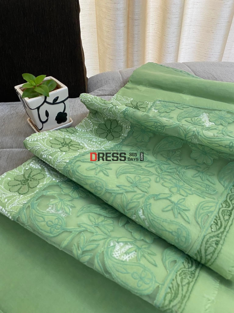 Green Net Daaman Cotton Chikankari Kurti Fabric