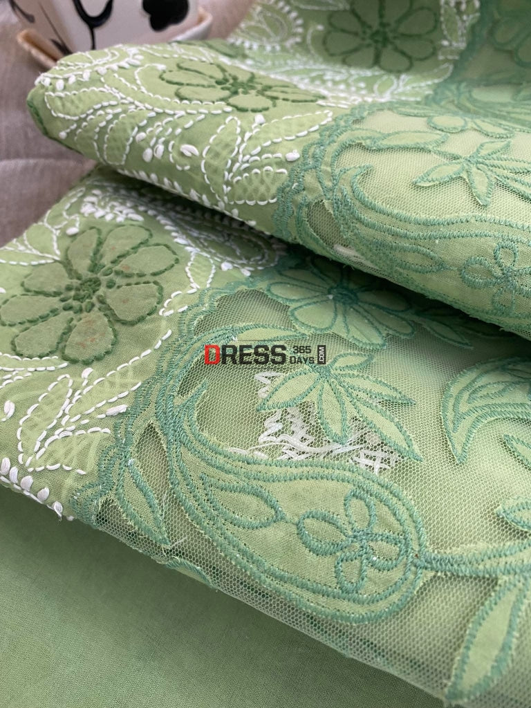 Green Net Daaman Cotton Chikankari Kurti Fabric