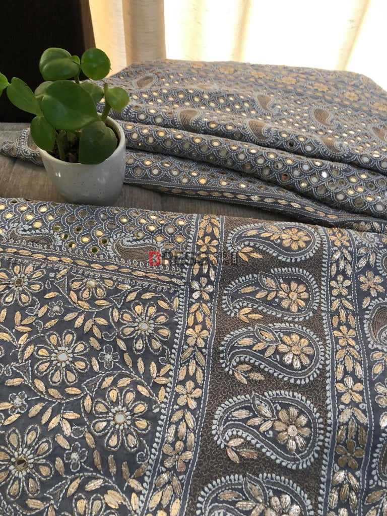 Grey Chikankari & Mirror Lehenga Set