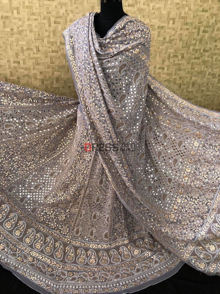 Grey Chikankari & Mirror Lehenga Set