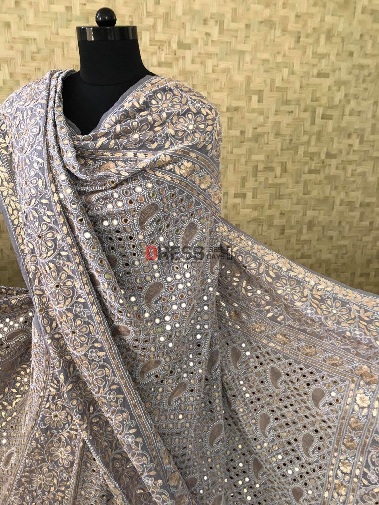 Grey Chikankari & Mirror Lehenga Set