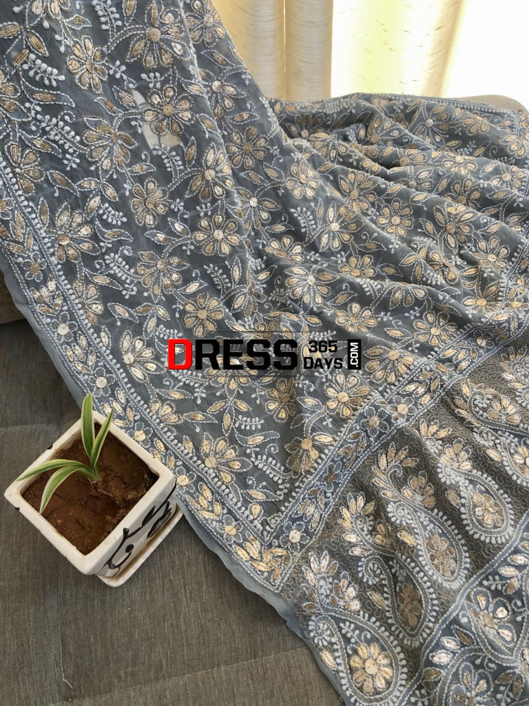Grey Gota Patti Lucknowi Chikankari Dupatta