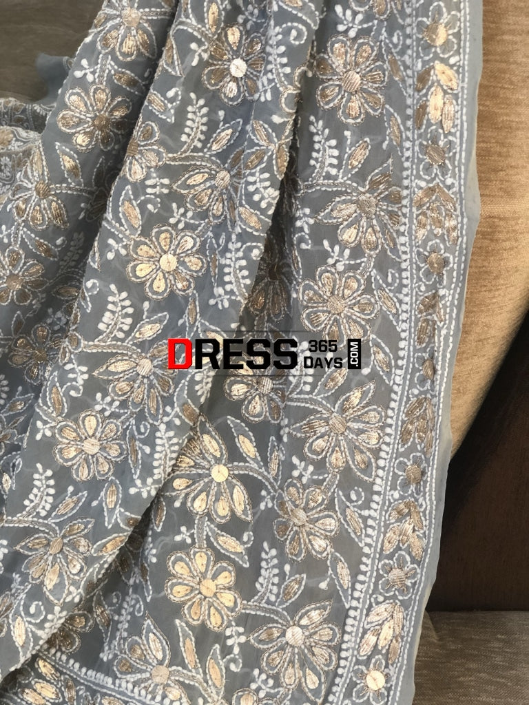 Grey Gota Patti Lucknowi Chikankari Dupatta