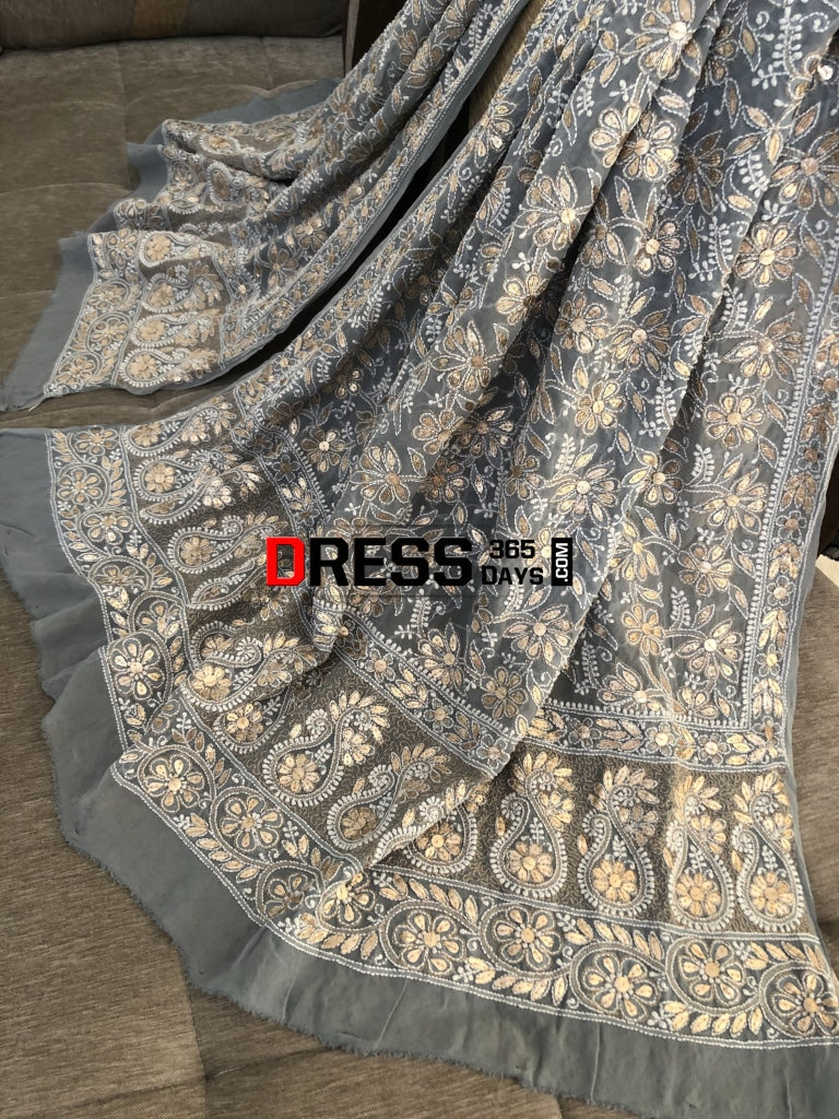 Grey Gota Patti Lucknowi Chikankari Dupatta