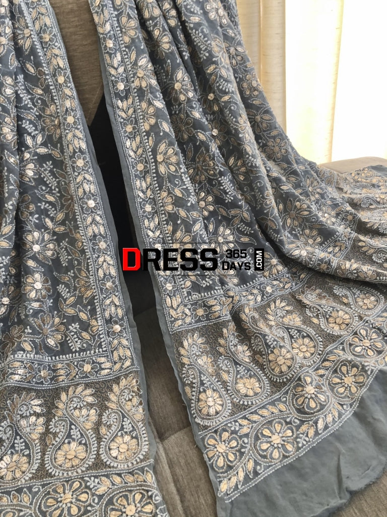 Grey Gota Patti Lucknowi Chikankari Dupatta