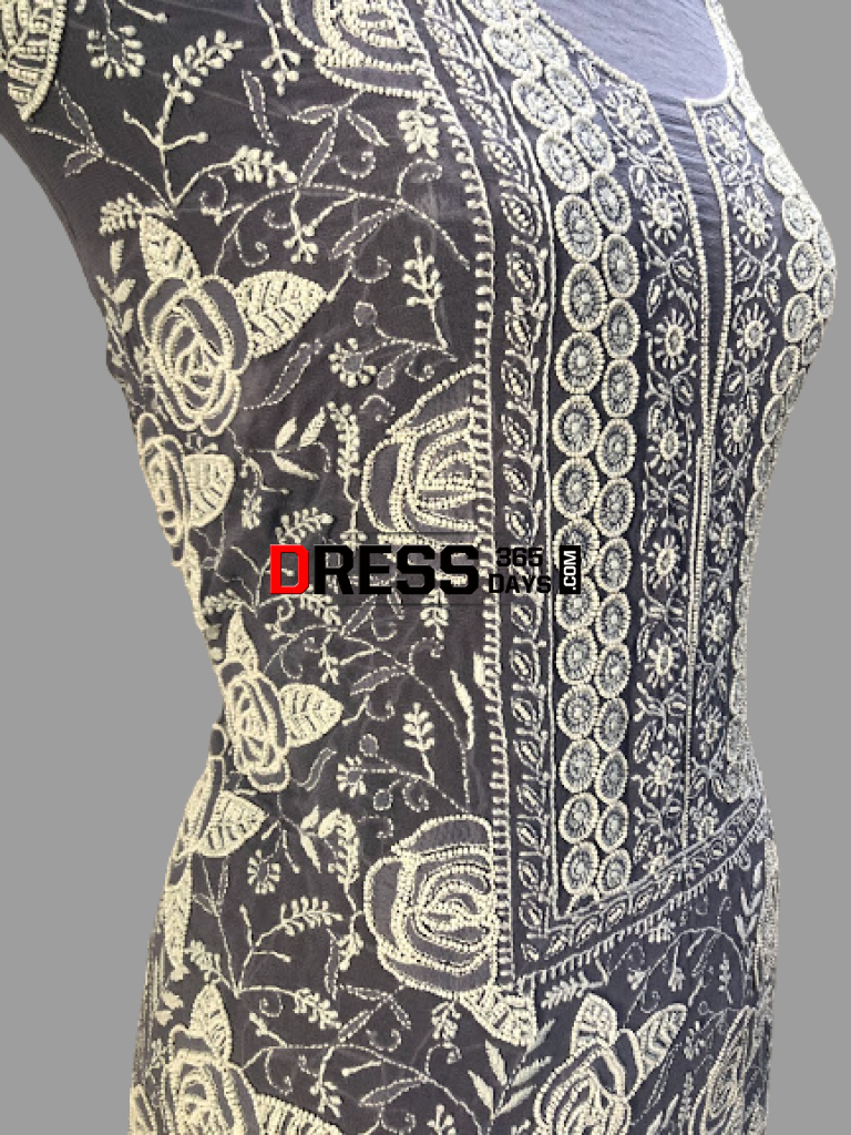 Grey Hand Embroidered Pearl Chikankari Suit Suits