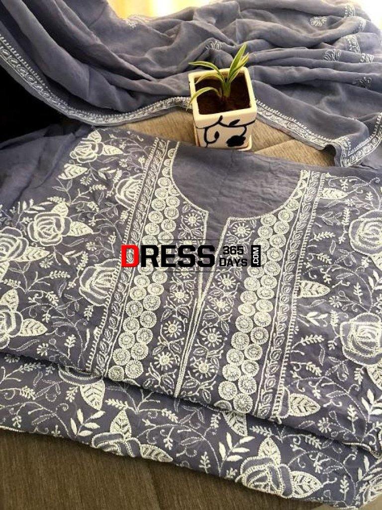 Grey Hand Embroidered Pearl Chikankari Suit Suits