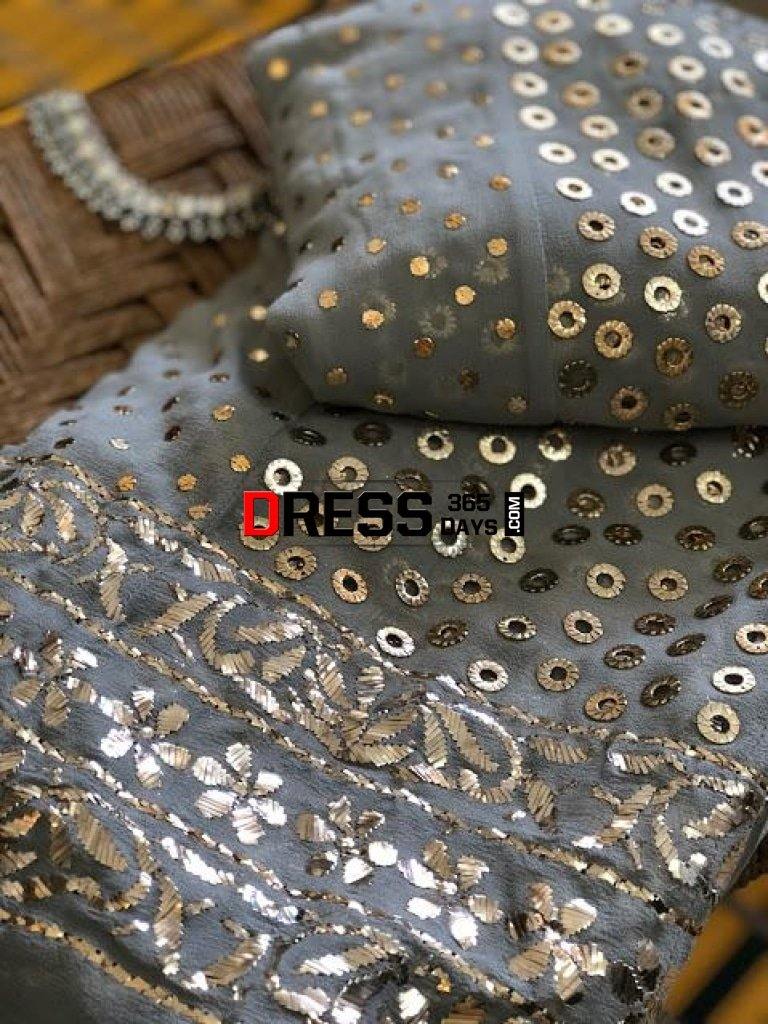 Grey Hand Embroidered Ring Mukaish Anarkali Suit Chikankari