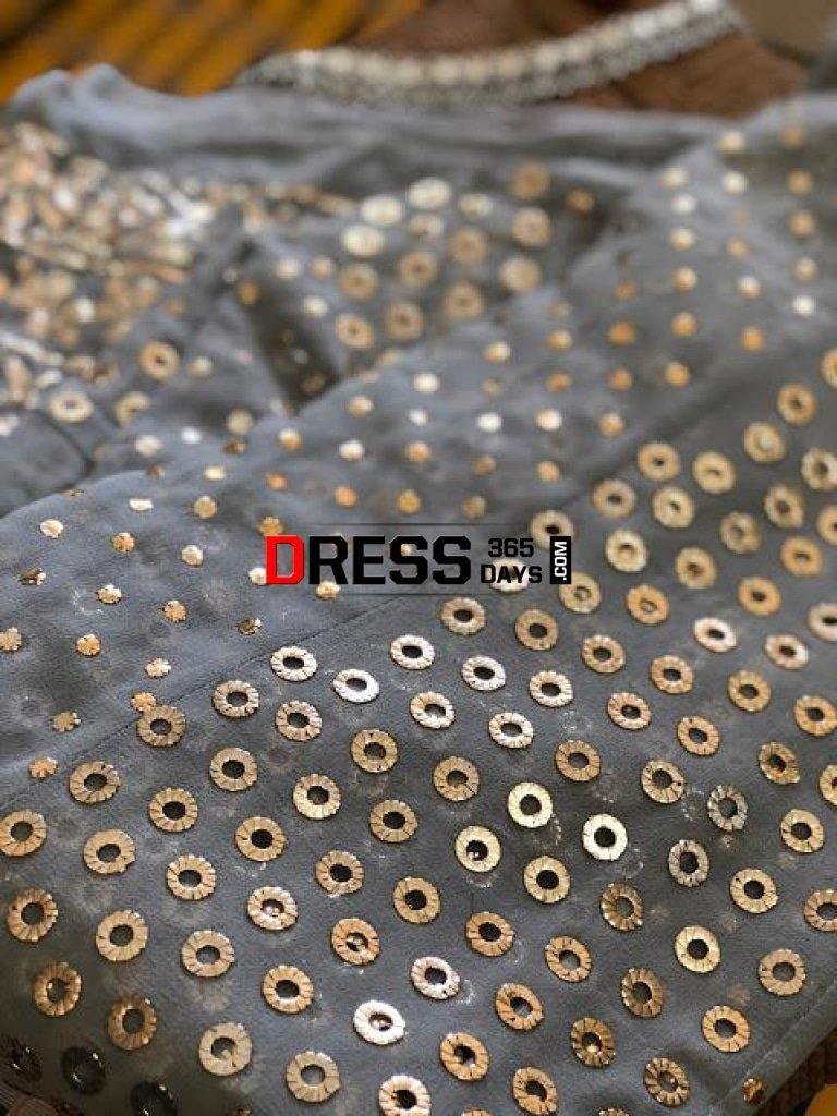 Grey Hand Embroidered Ring Mukaish Anarkali Suit Chikankari